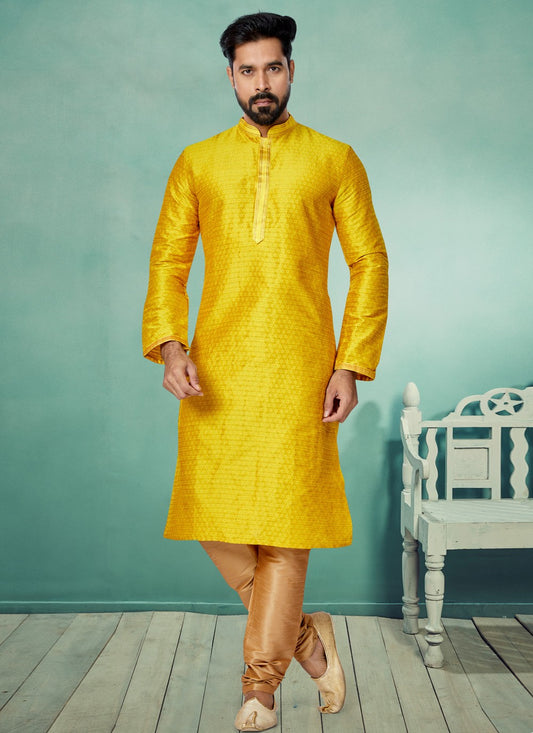 Jacquard Work Cotton , Jacquard Yellow Kurta Pyjama - M4951