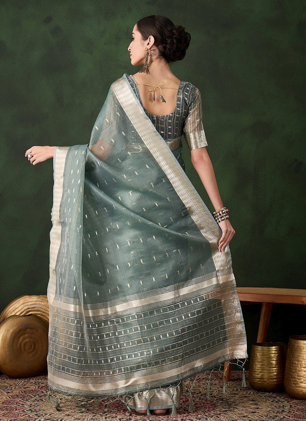 Contemporary Jacquard Work Khadi, Organza Saree - S10486