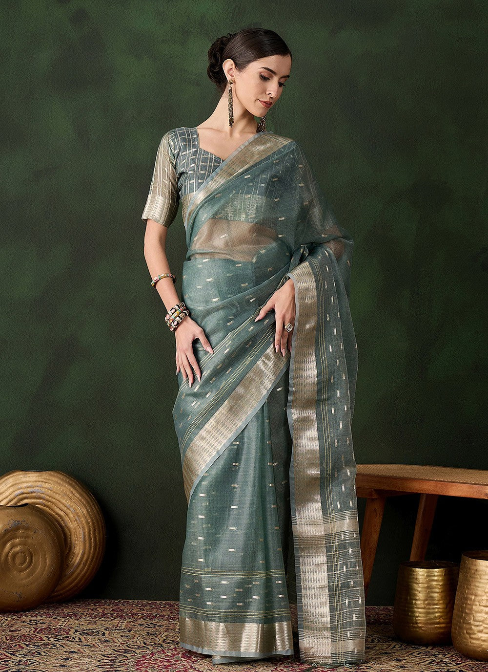 Contemporary Jacquard Work Khadi, Organza Saree - S10486