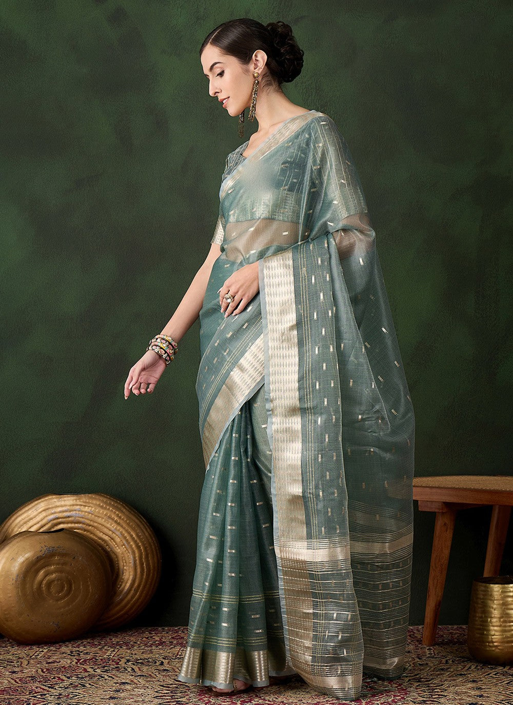 Contemporary Jacquard Work Khadi, Organza Saree - S10486