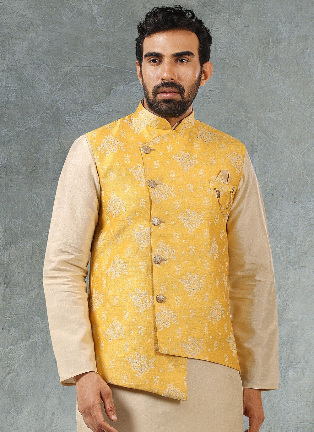 Jacquard Work Banarasi Silk, Jacquard Beige, Yellow Kurta Payjama With Jacket - M2353