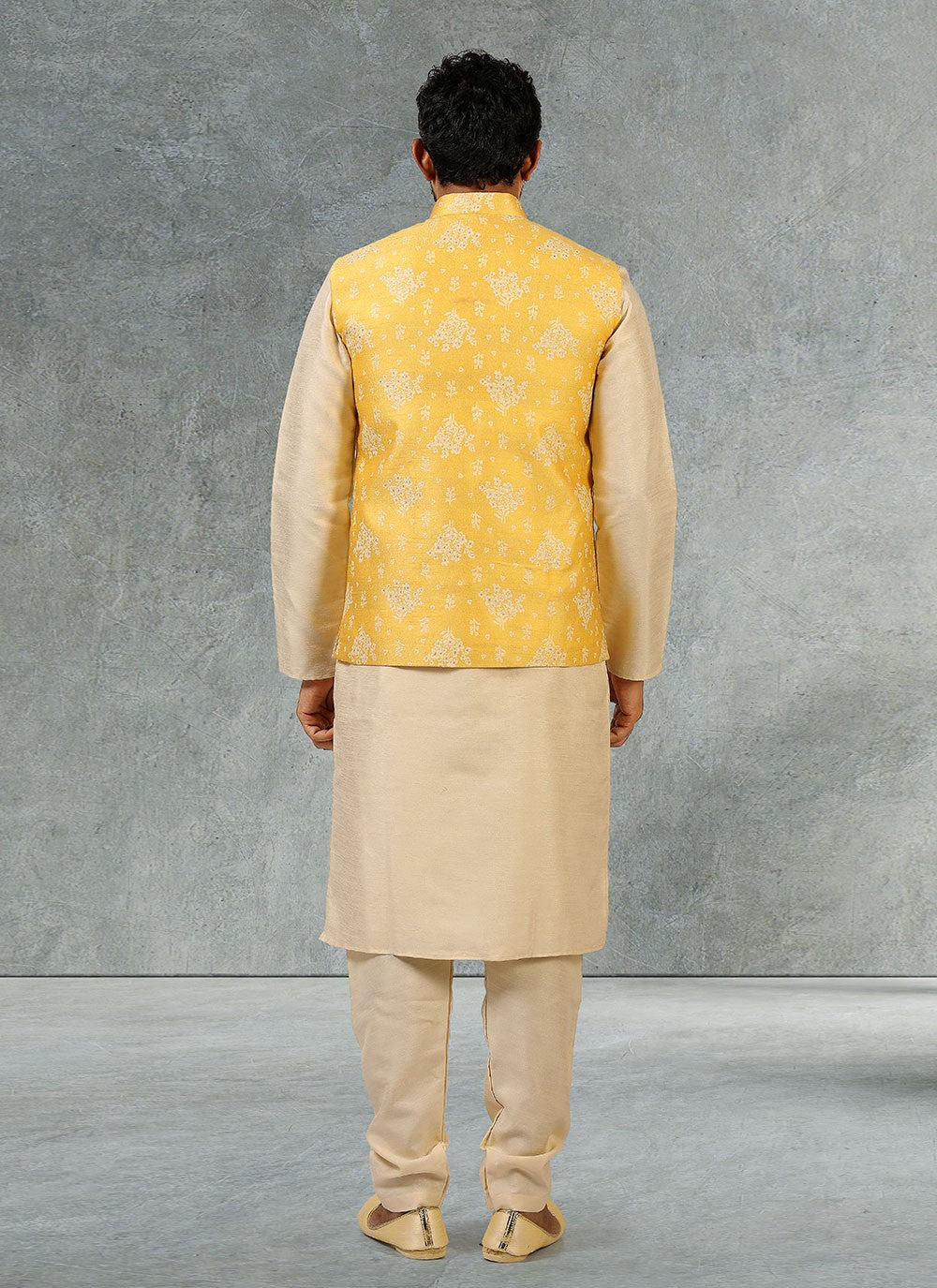 Jacquard Work Banarasi Silk, Jacquard Beige, Yellow Kurta Payjama With Jacket - M2353