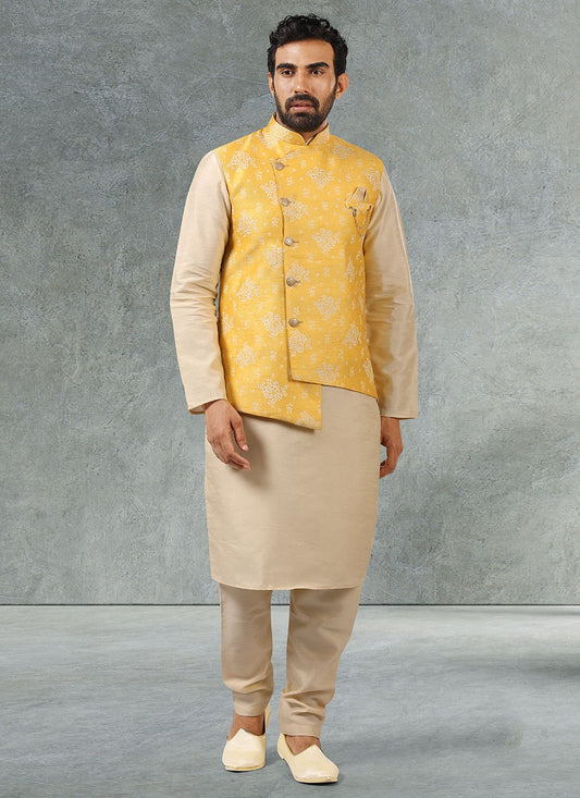 Jacquard Work Banarasi Silk, Jacquard Beige, Yellow Kurta Payjama With Jacket - M2353