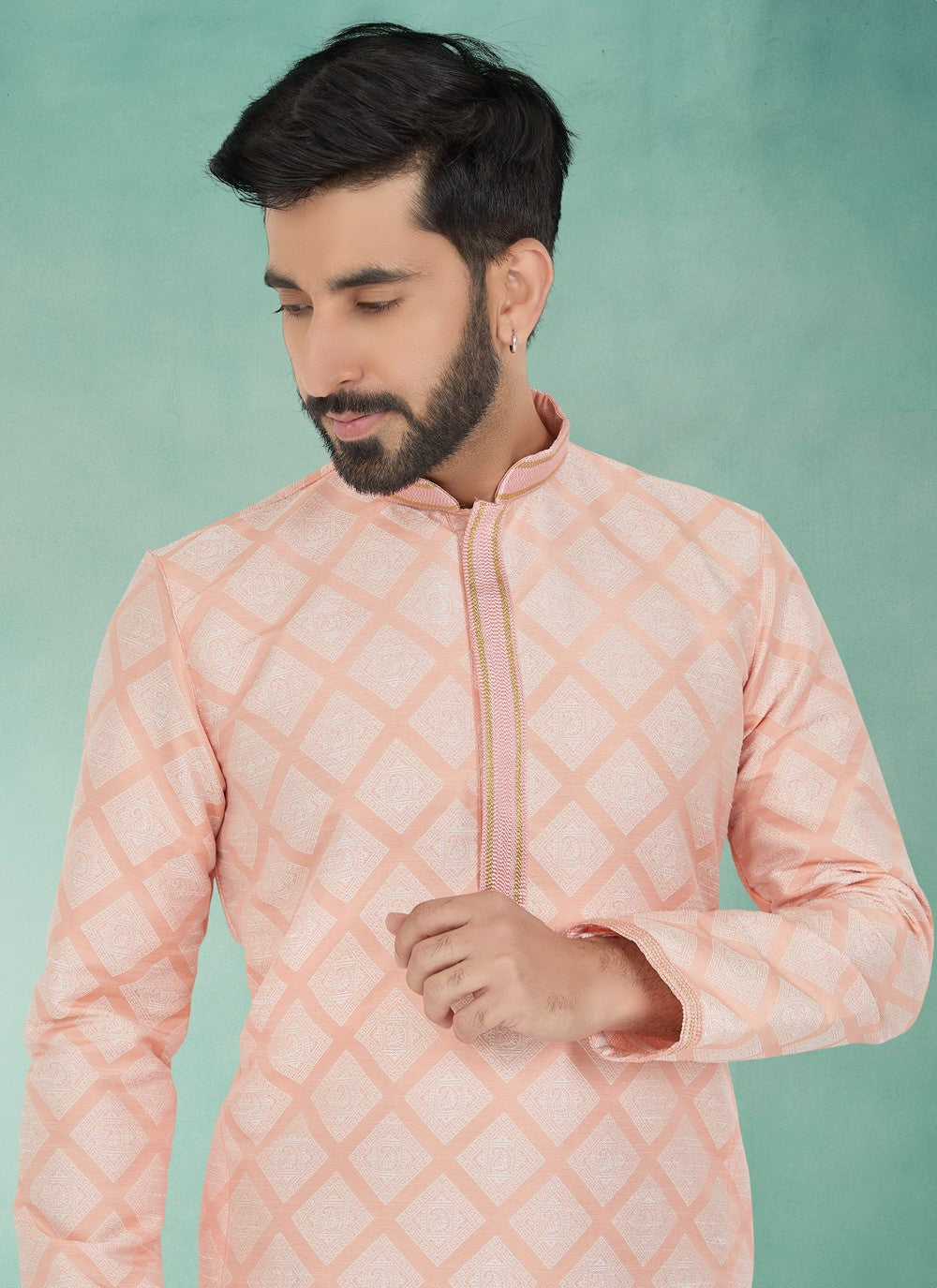 Jacquard Work Jacquard Silk Pink Kurta Pyjama - M4931