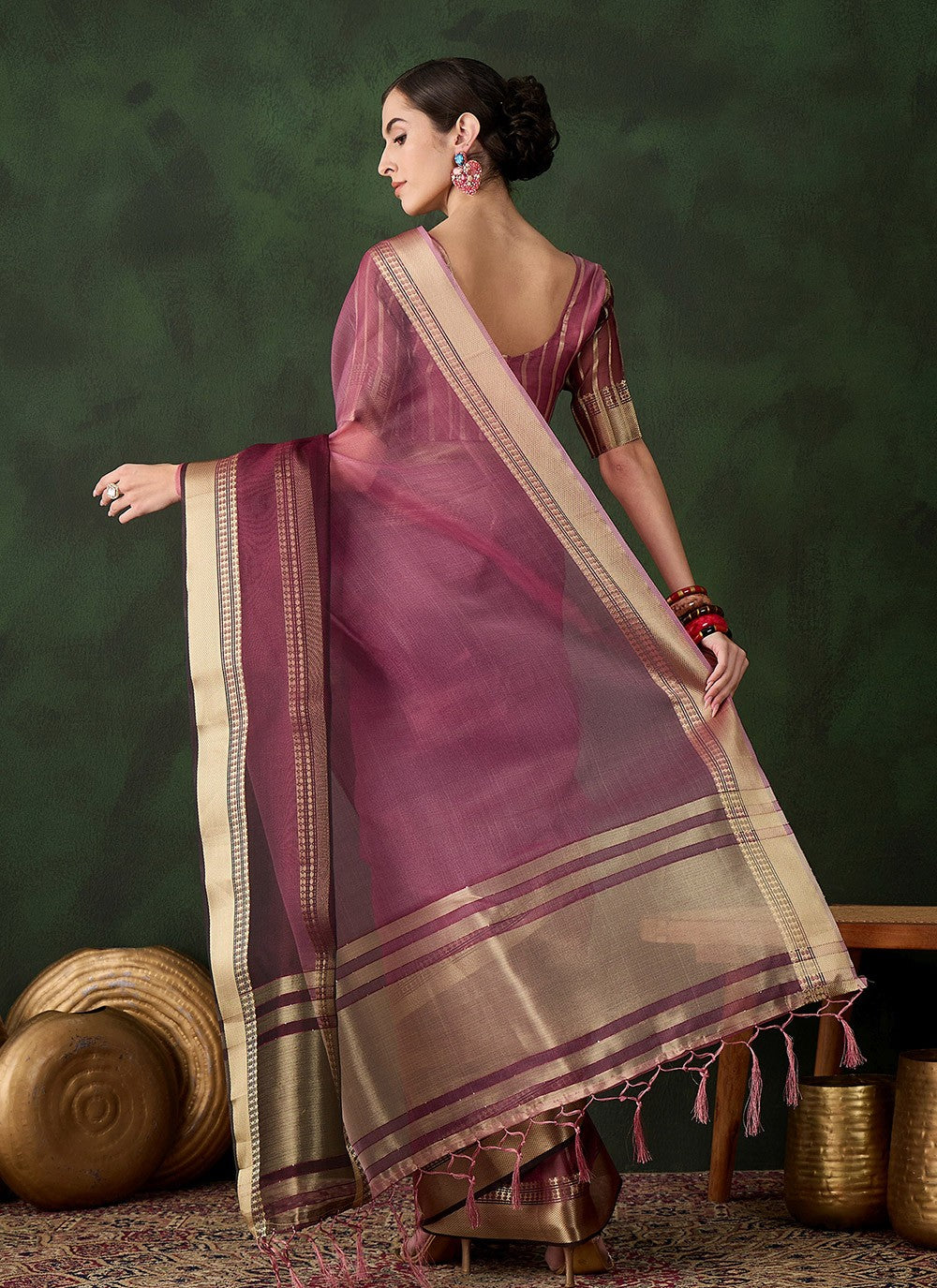 Classic Jacquard Work Khadi, Organza Wine Saree - S10824