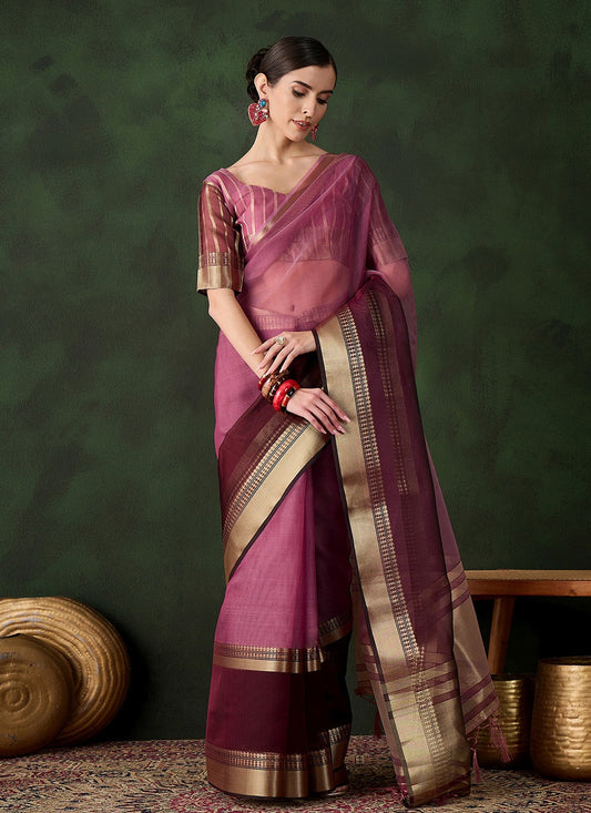 Classic Jacquard Work Khadi, Organza Wine Saree - S10824