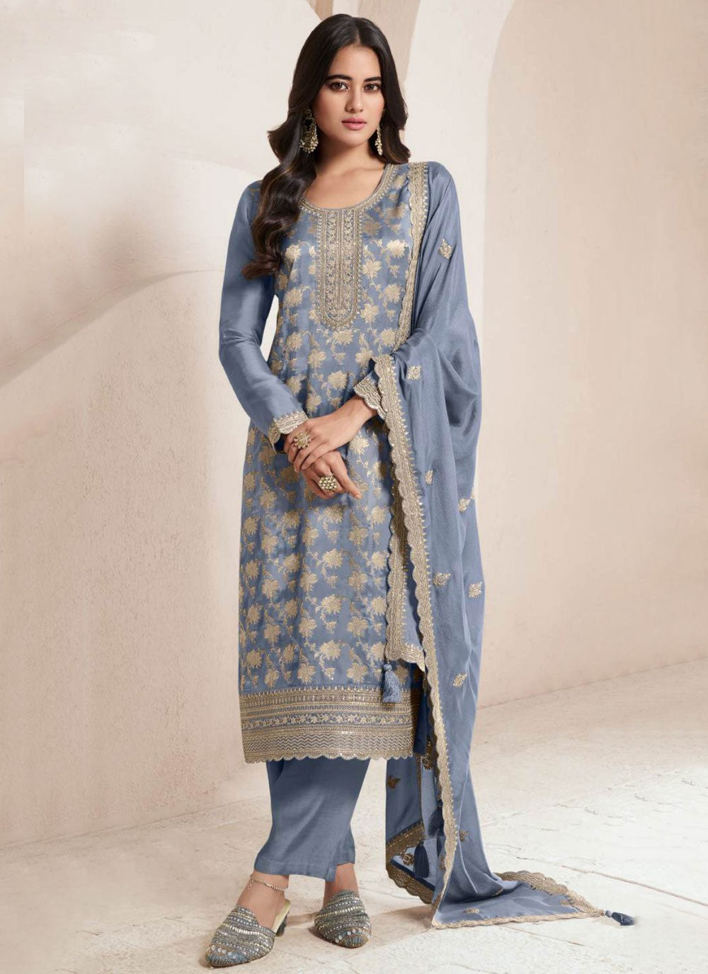 Embroidered Silk Pant Style Suit - T4571