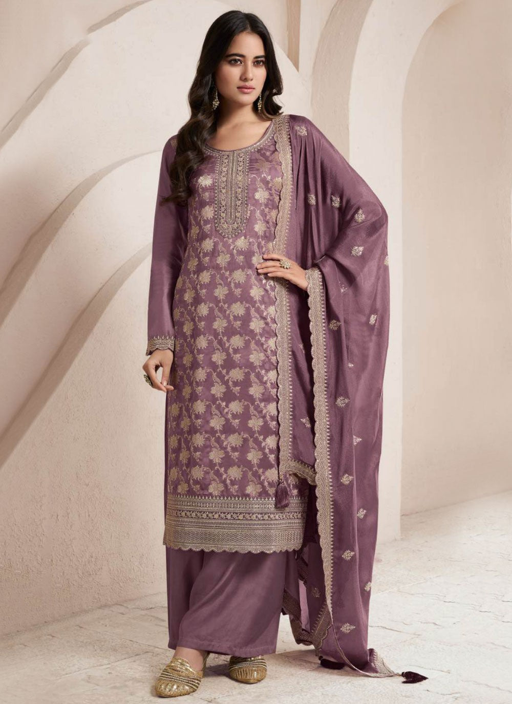 Embroidered Silk Pant Style Suit - T4571