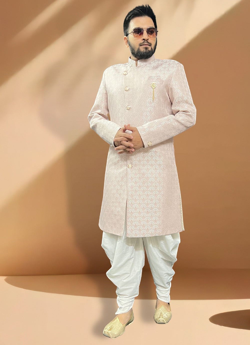 Woven Jacquard Pink Indo Western Sherwani - M5349