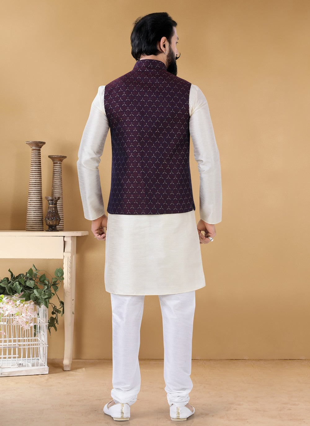 Woven Jacquard Maroon Nehru Jackets - M4648