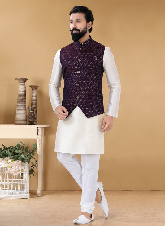 Woven Jacquard Maroon Nehru Jackets - M4648