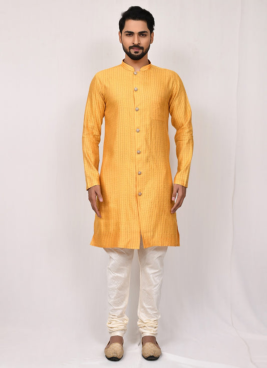 Buttons Jacquard Yellow Kurta Pyjama - M2518