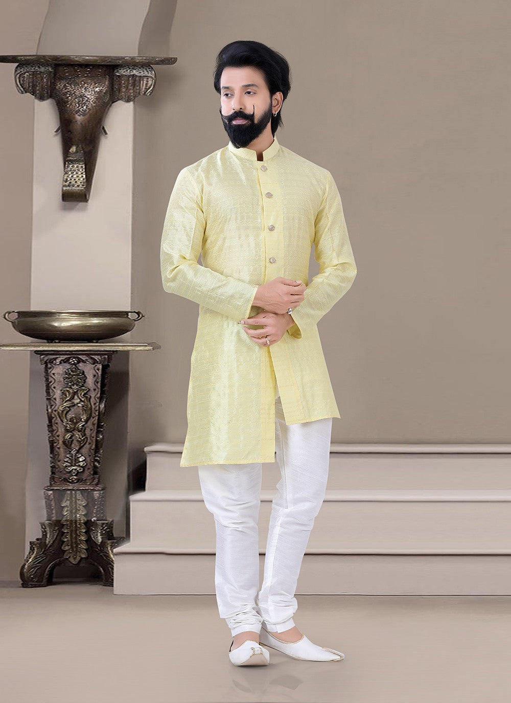 Plain Jacquard Yellow Indo Western - M3462