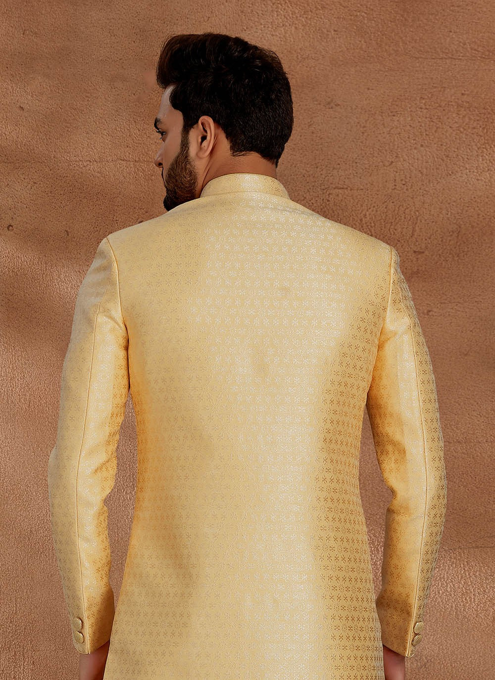 Jacquard Work Jacquard Yellow Indo Western Sherwani - M2699