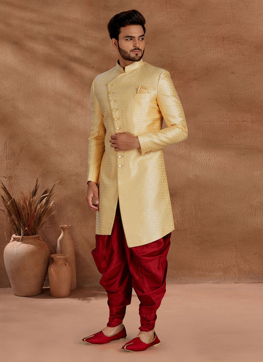 Jacquard Work Jacquard Yellow Indo Western Sherwani - M2699