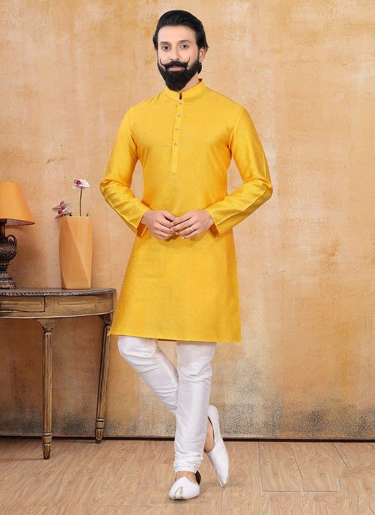 Plain Jacquard Yellow Kurta Pyjama - M3386