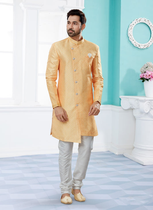 Digital Print Jacquard Yellow Indo Western Sherwani - M3917