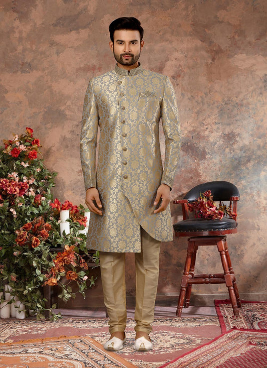 Hand Embroidery Jacquard Gold, Grey Indo Western Sherwani - M2911