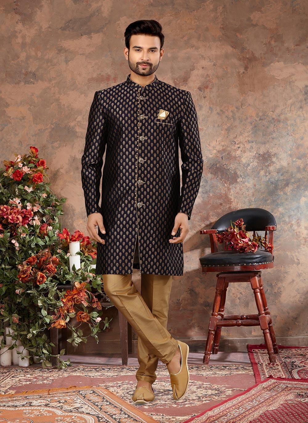 Zari Jacquard Navy Blue Indo Western Sherwani - M2871