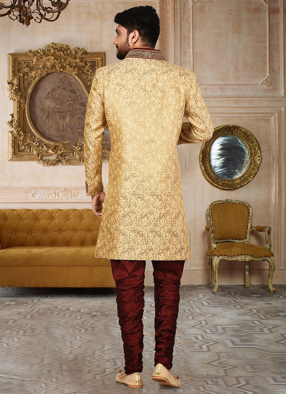 Embroidered Jamawar Beige Indo Western Sherwani - M2761