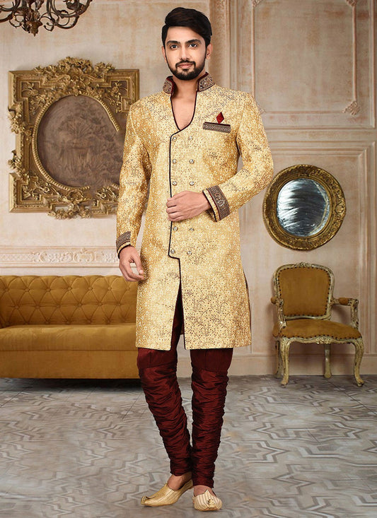 Embroidered Jamawar Beige Indo Western Sherwani - M2761