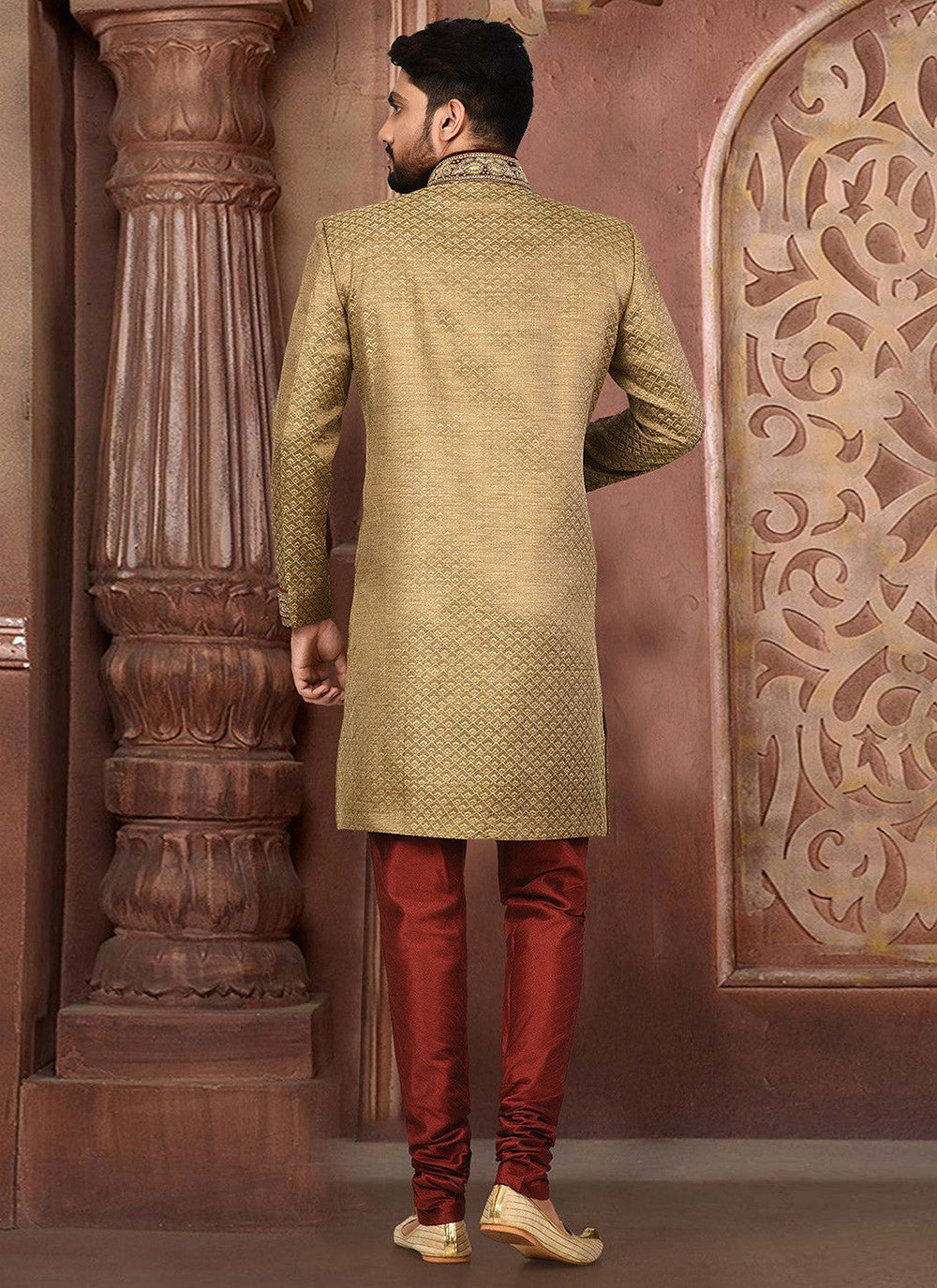 Embroidered Jamawar Beige Indo Western Sherwani - M2770