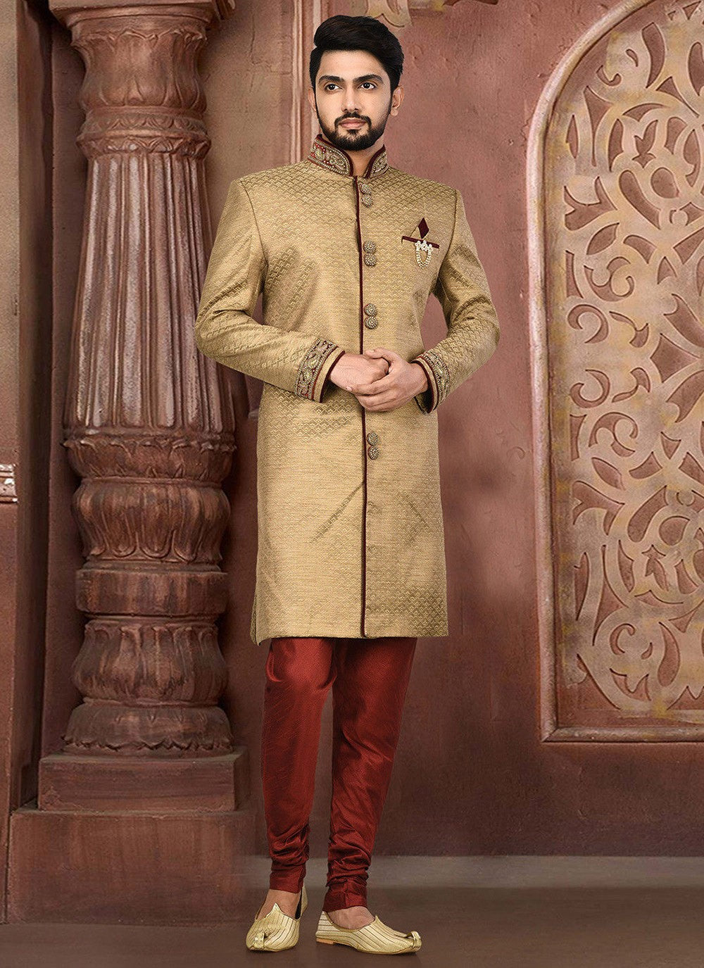 Embroidered Jamawar Beige Indo Western Sherwani - M2770