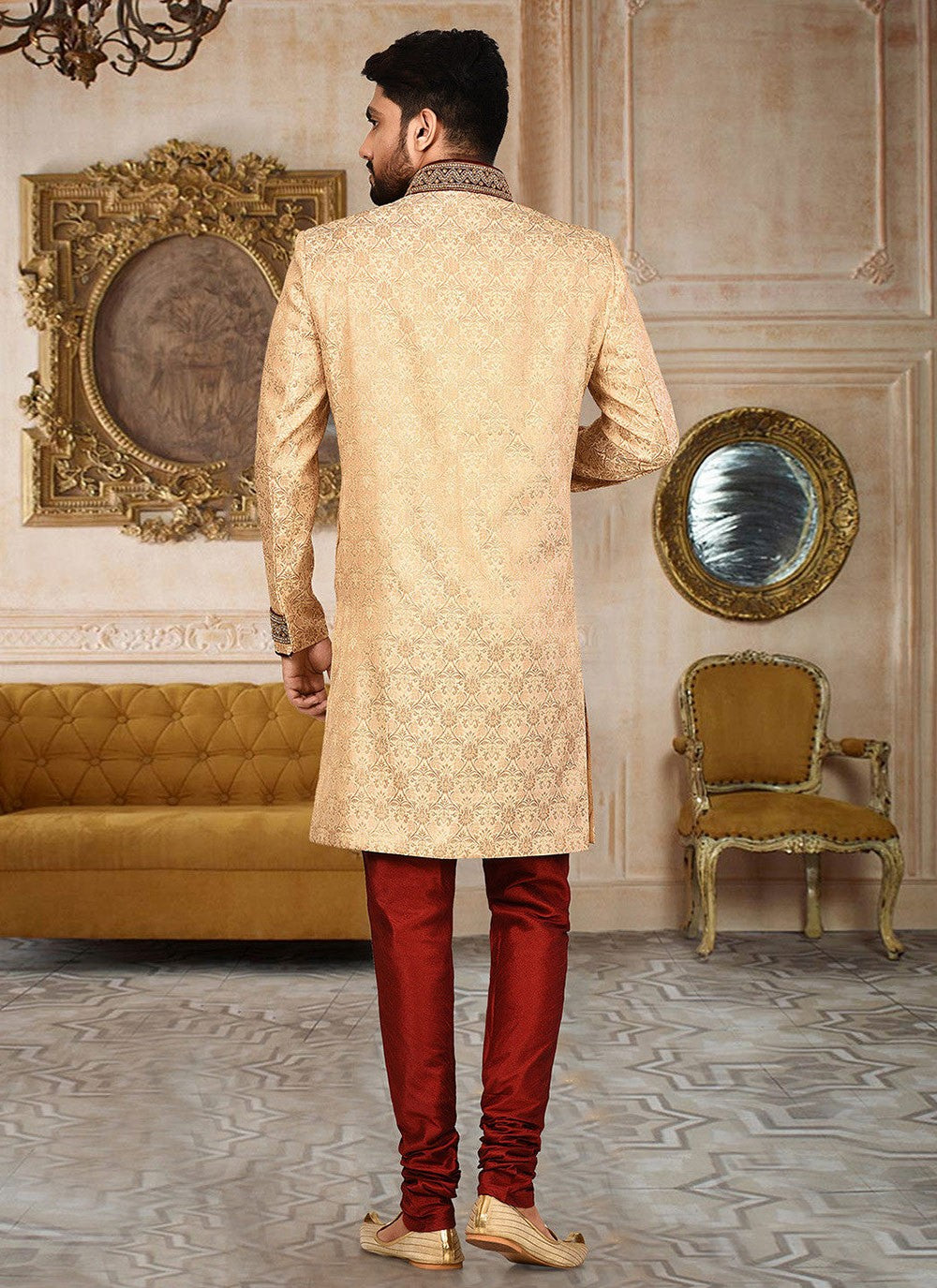 Embroidered Jamawar Beige Indo Western Sherwani - M2769