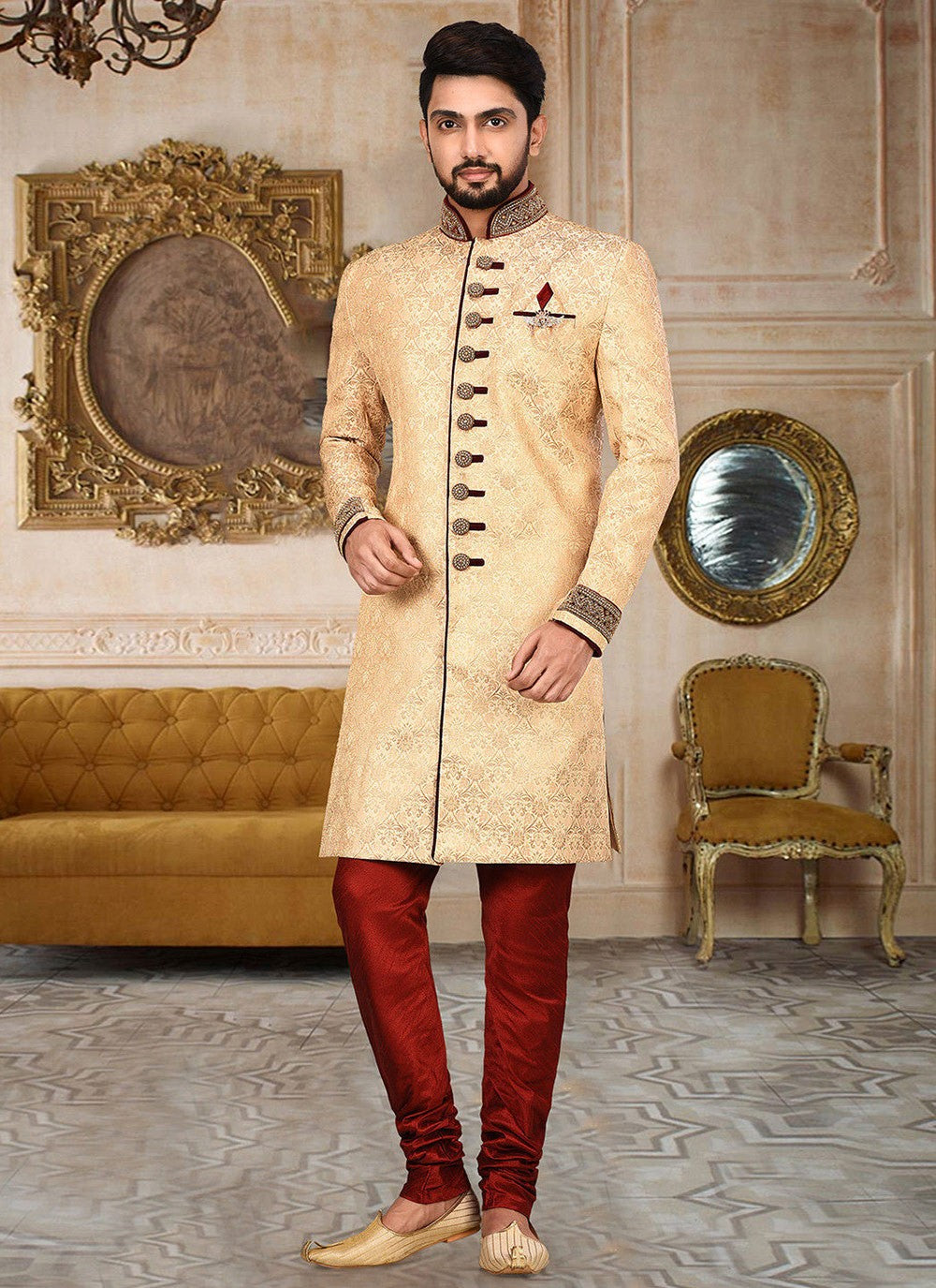 Embroidered Jamawar Beige Indo Western Sherwani - M2769