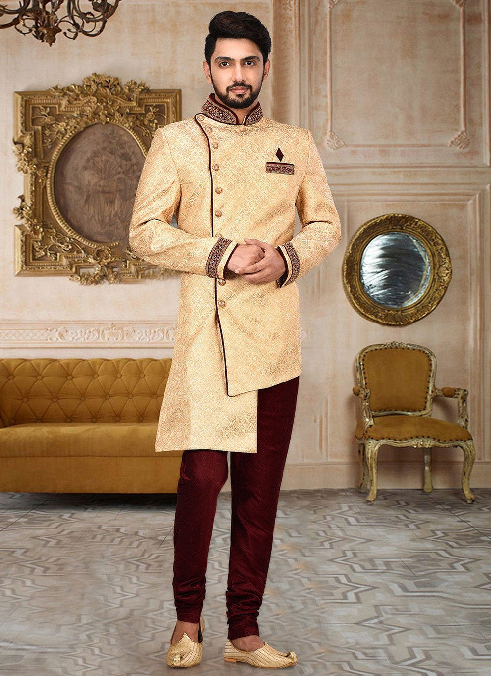 Embroidered Jamawar Beige Indo Western Sherwani - M2767