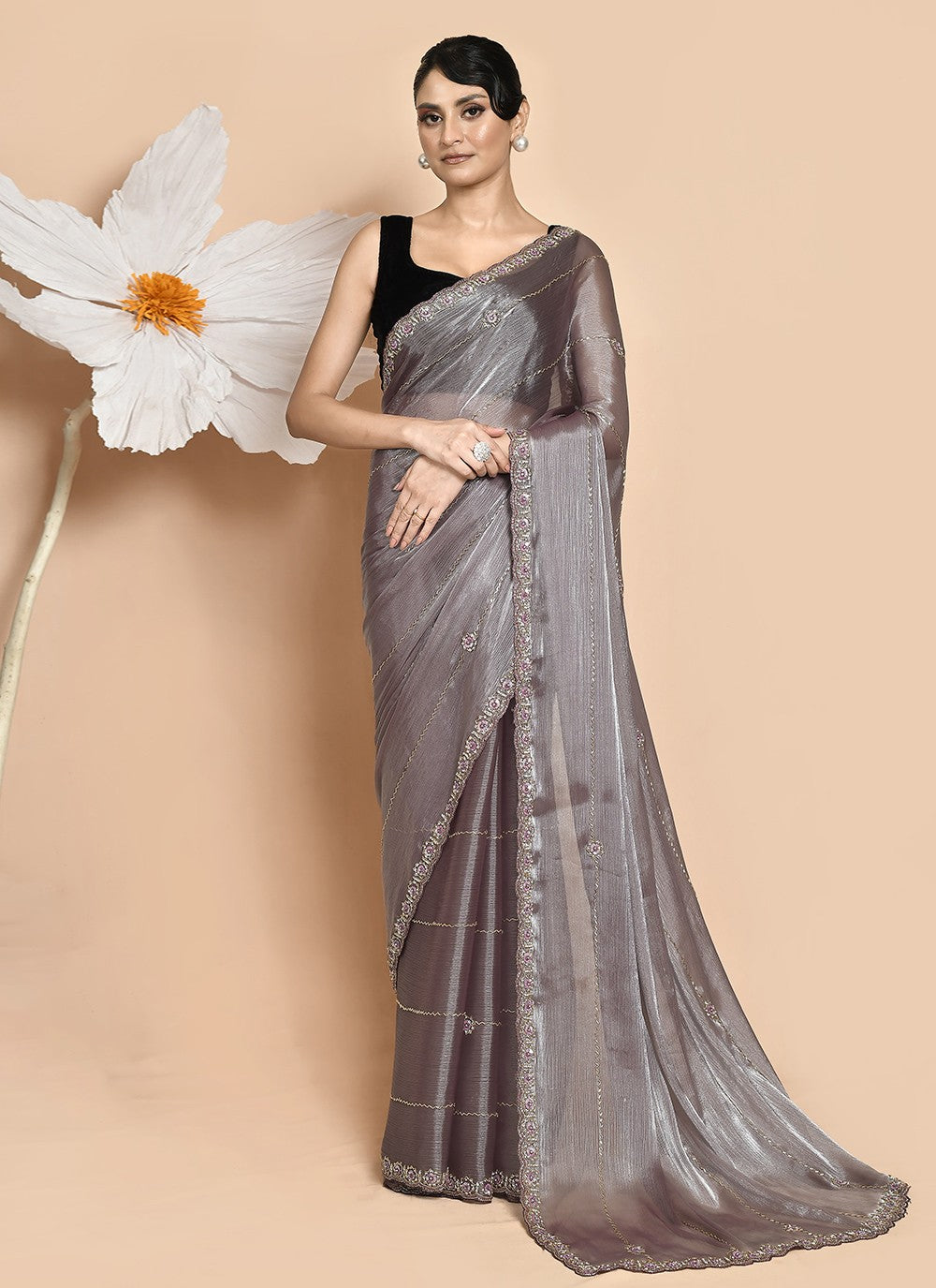 Traditional Hand Embroidery Georgette Saree - S9257