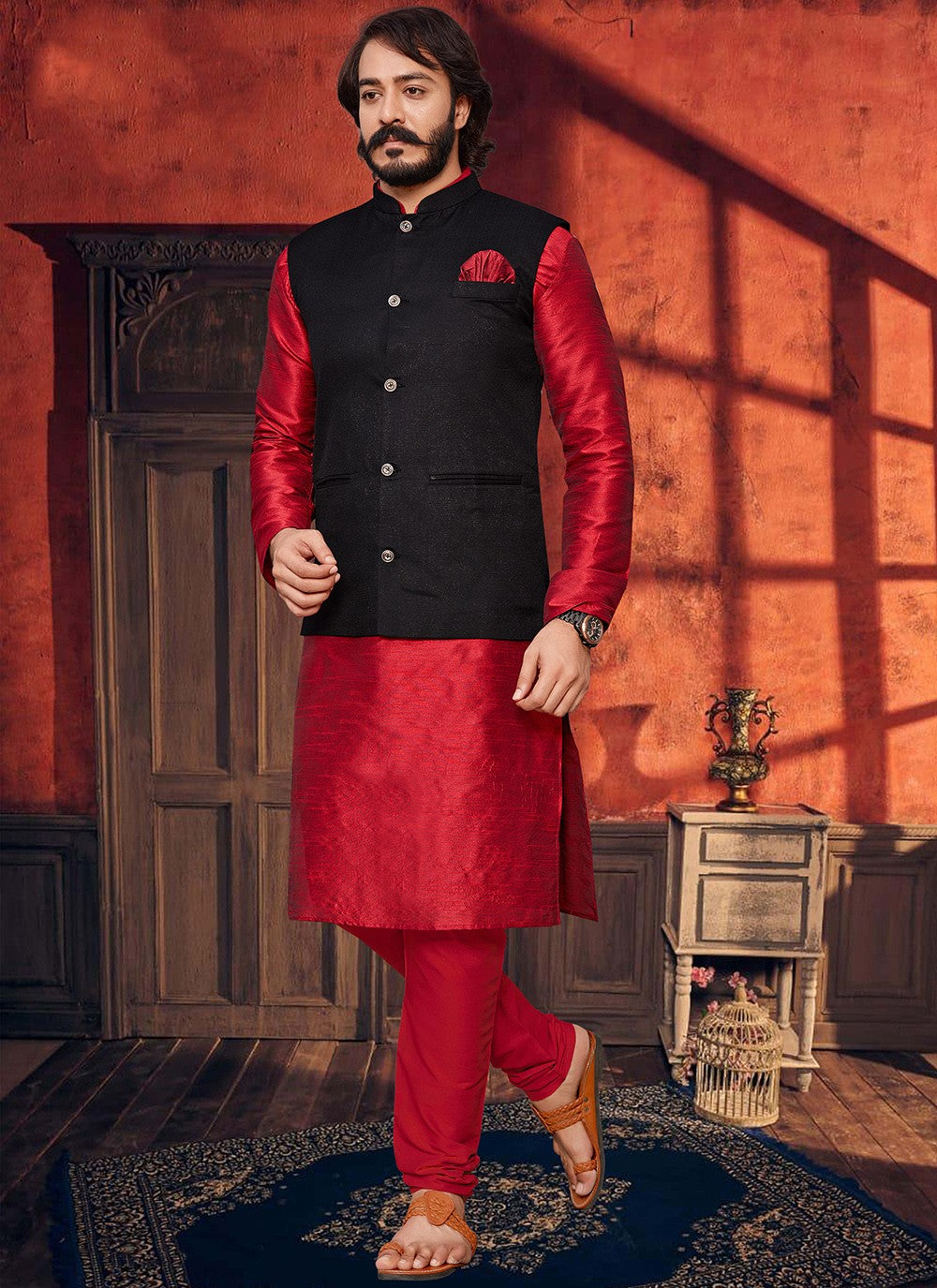 Plain Art Silk, Jute Silk Black, Red Kurta Payjama With Jacket - M2047