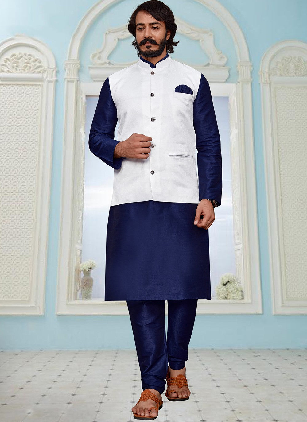 Plain Art Silk, Jute Silk Blue, White Kurta Payjama With Jacket - M2045