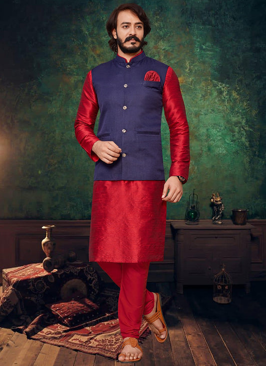 Plain Art Silk, Jute Silk Purple, Red Kurta Payjama With Jacket - M2048