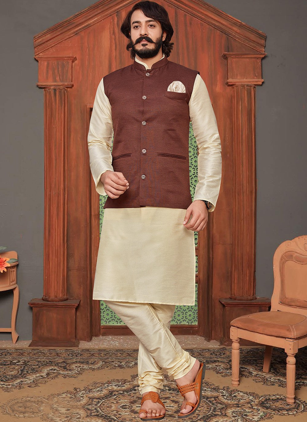 Plain Art Silk, Jute Silk Brown, Cream Kurta Payjama With Jacket - M2049