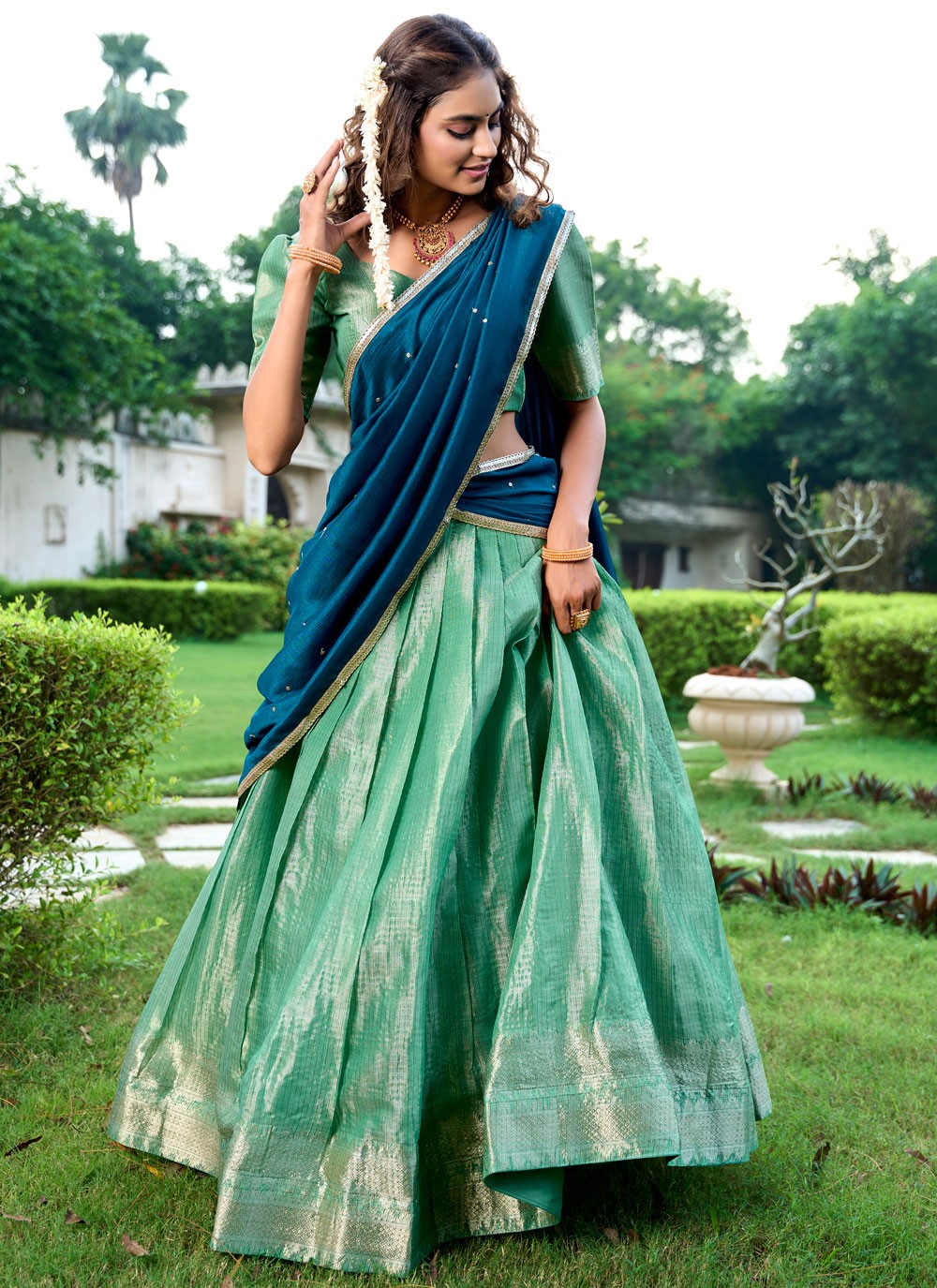 Weaving Zari Kanchipuram Silk A - Line Lehenga - L2579