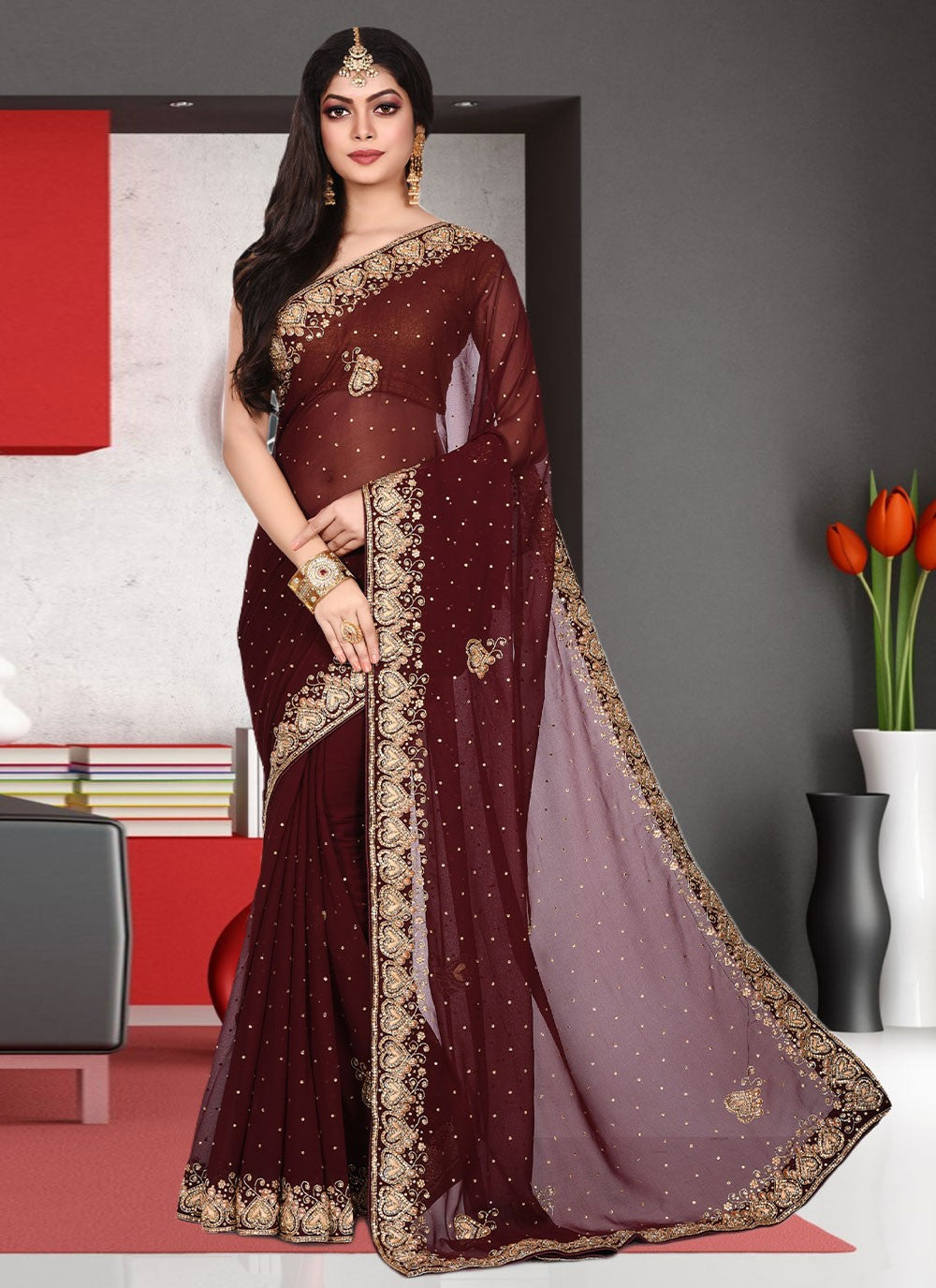 Trendy Hand Embroidery Georgette Saree - S1806