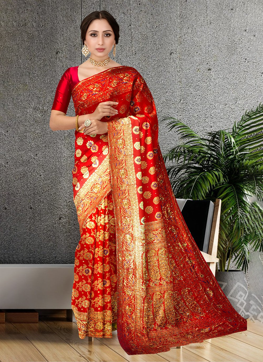 Trendy Embroidered Kanjivaram Silk Saree - S3435