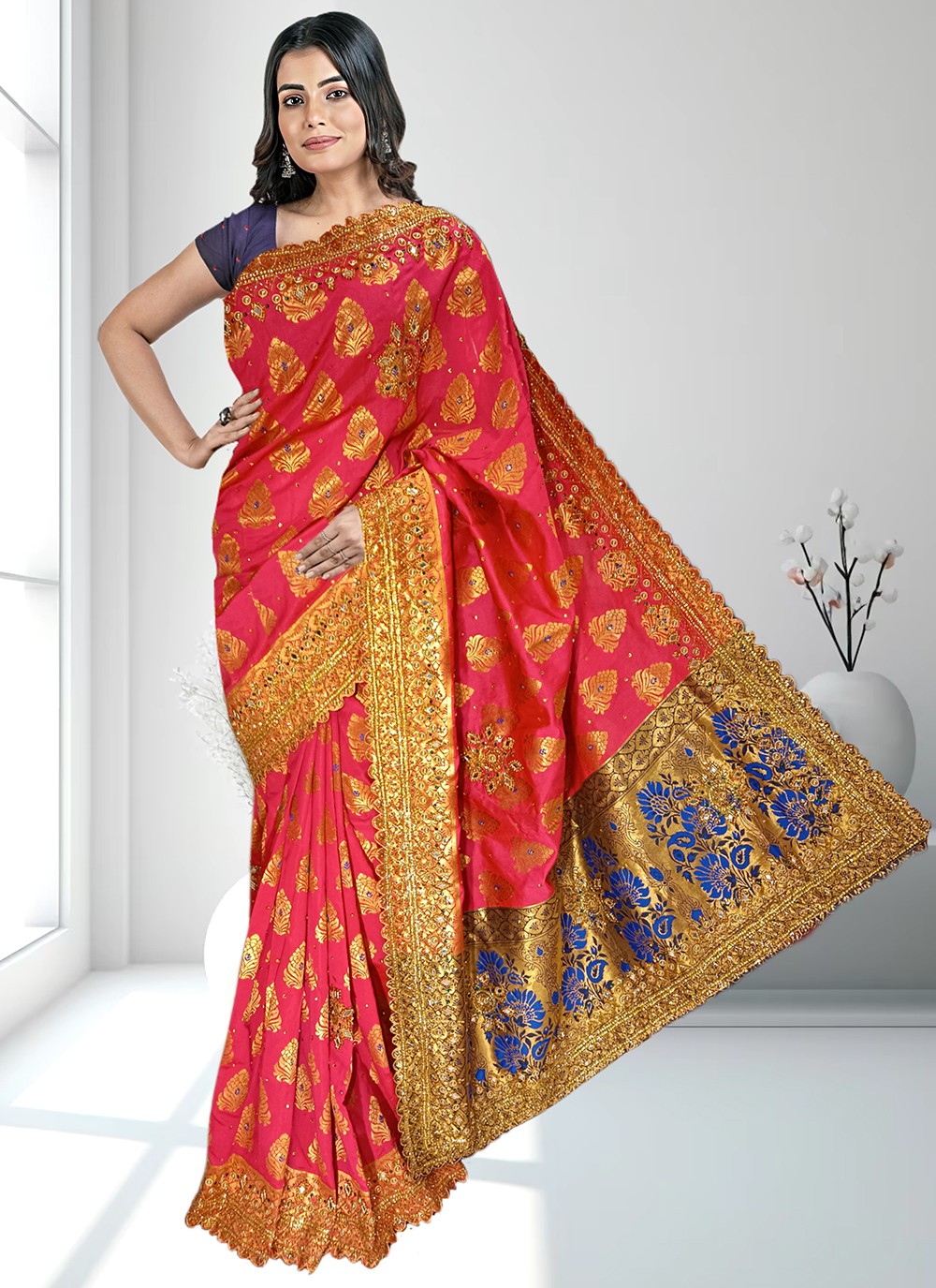 Contemporary Embroidered Kanjivaram Silk Saree - S4602