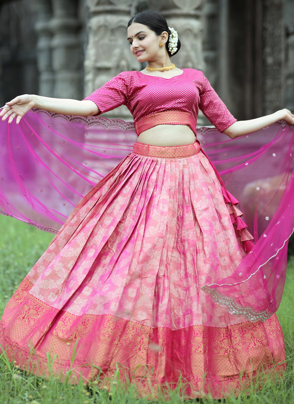 Weaving Zari Kanjivaram Silk A - Line Lehenga - L1063