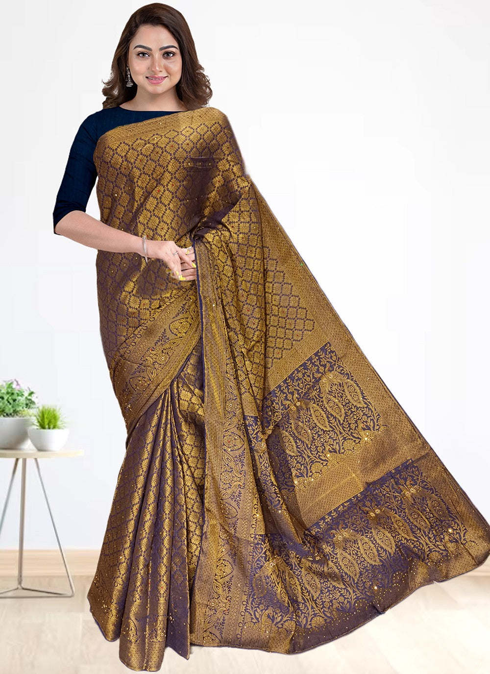 Contemporary Embroidered Kanjivaram Silk Saree - S4602