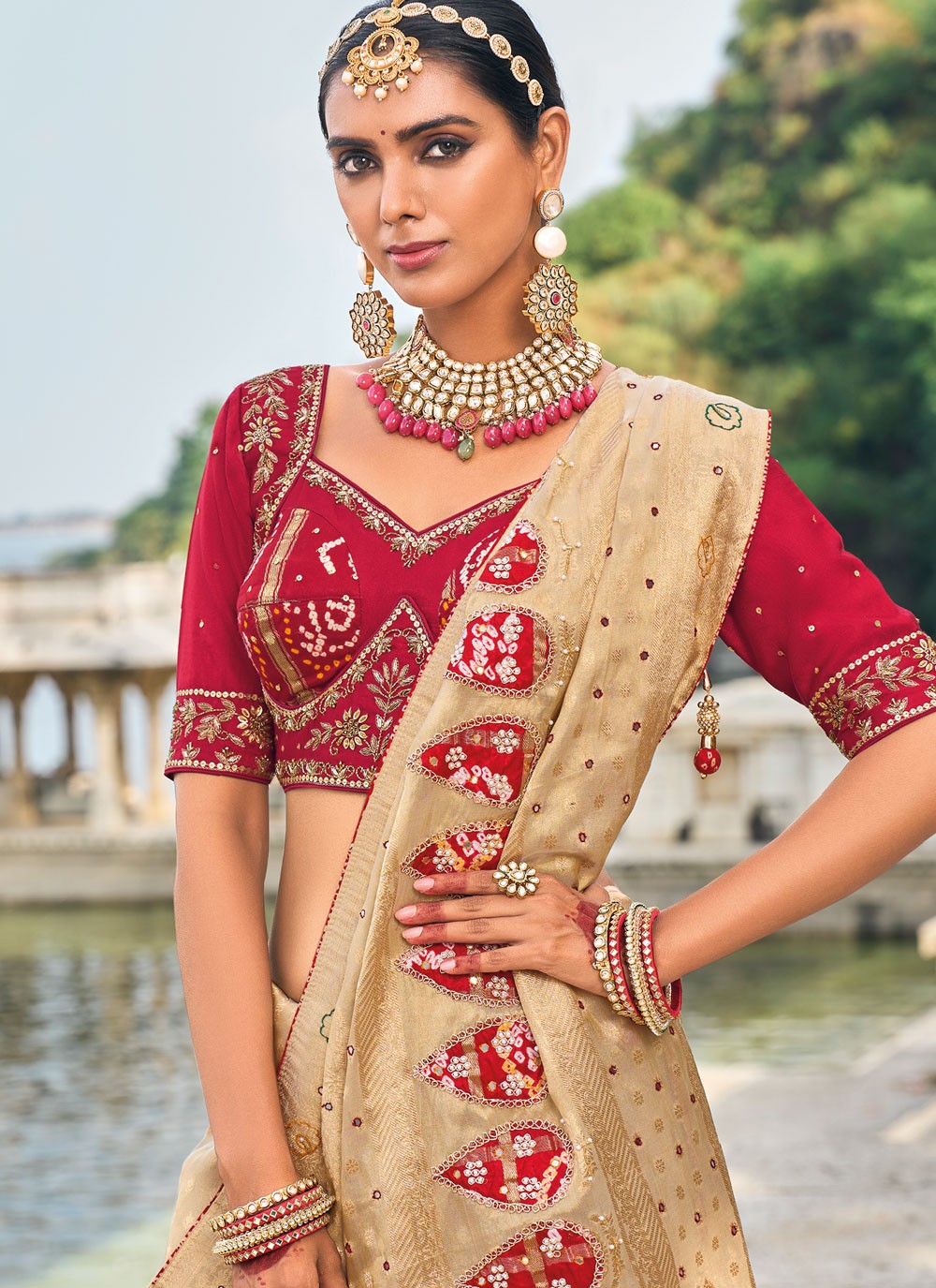 Classic Embroidered Kanjivaram Silk Cream Saree - S10755