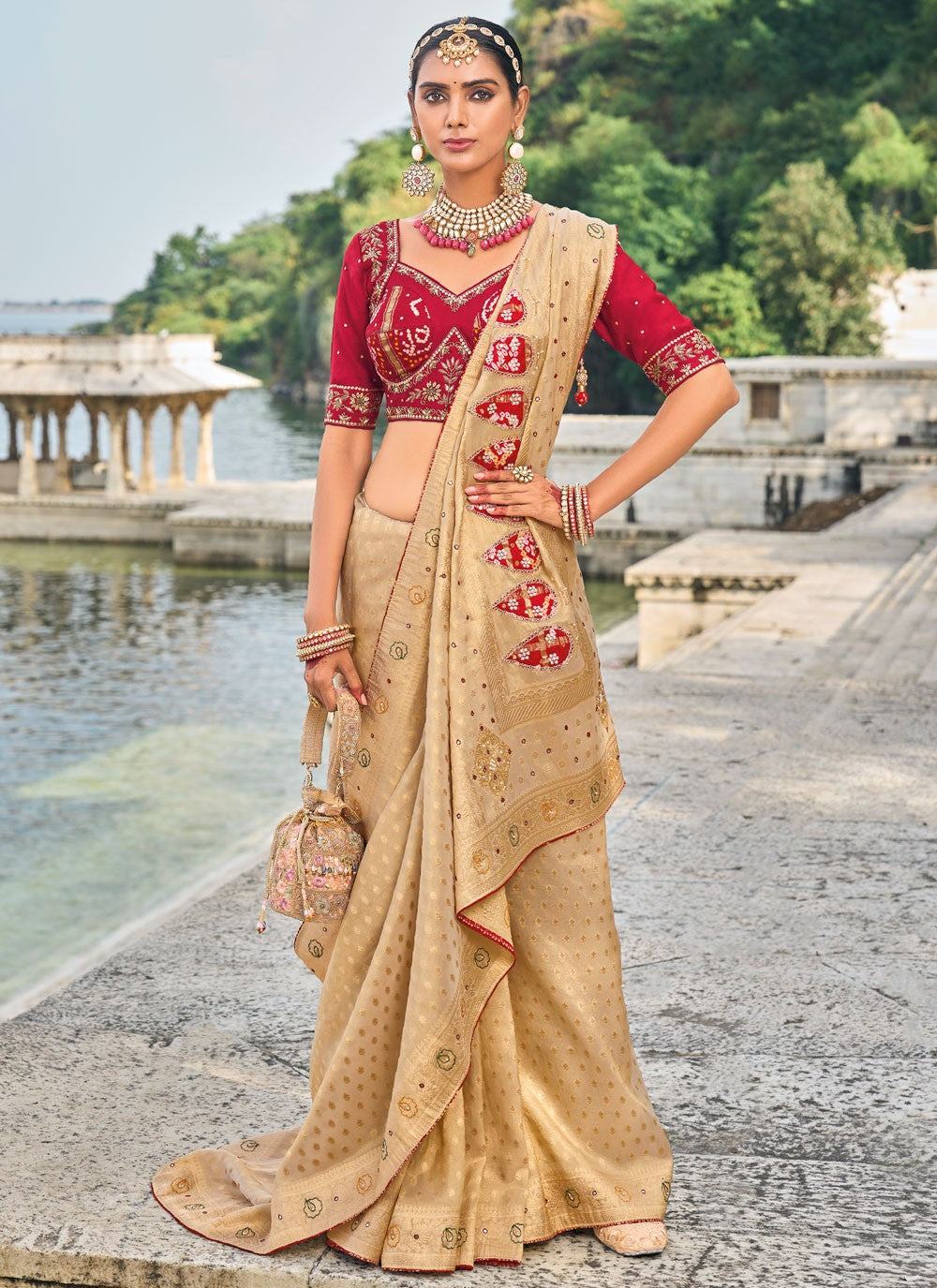 Classic Embroidered Kanjivaram Silk Cream Saree - S10755