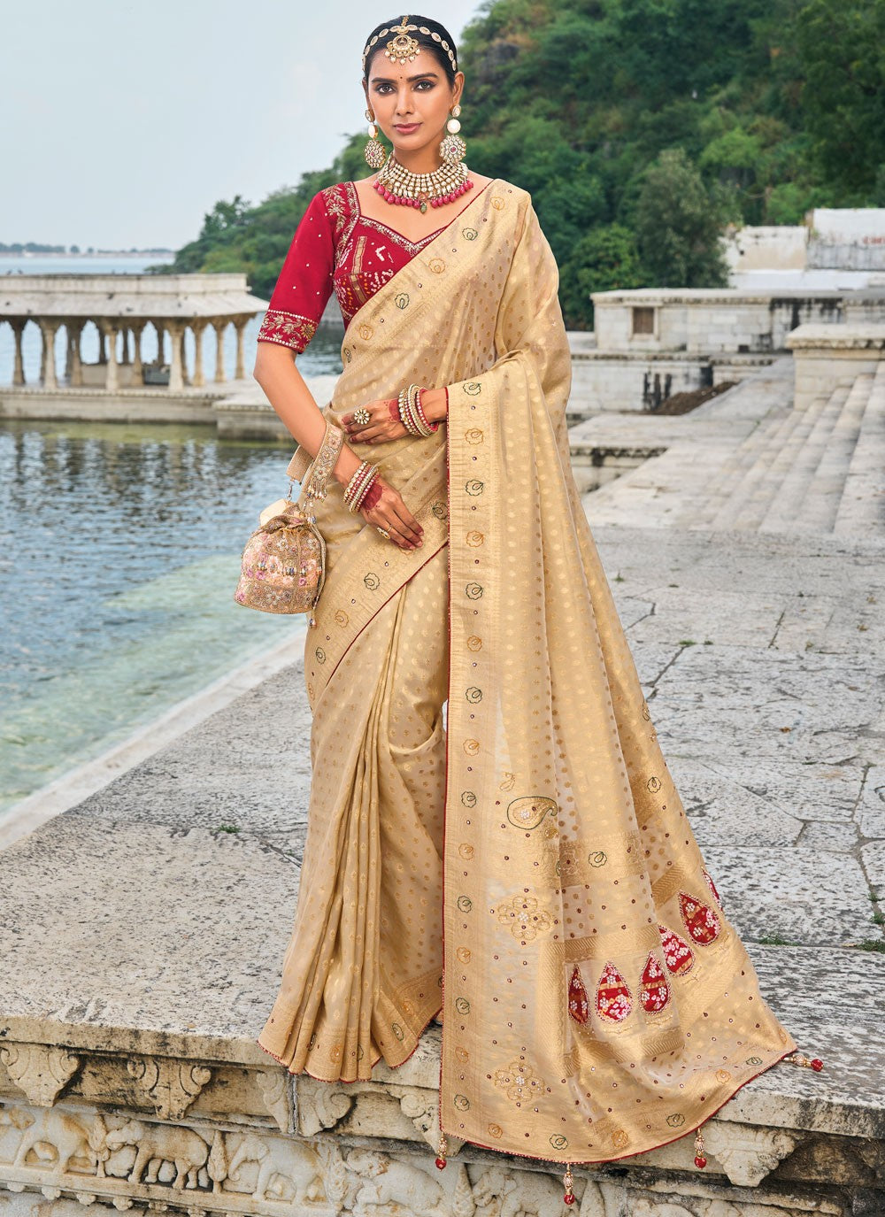 Classic Embroidered Kanjivaram Silk Cream Saree - S10755