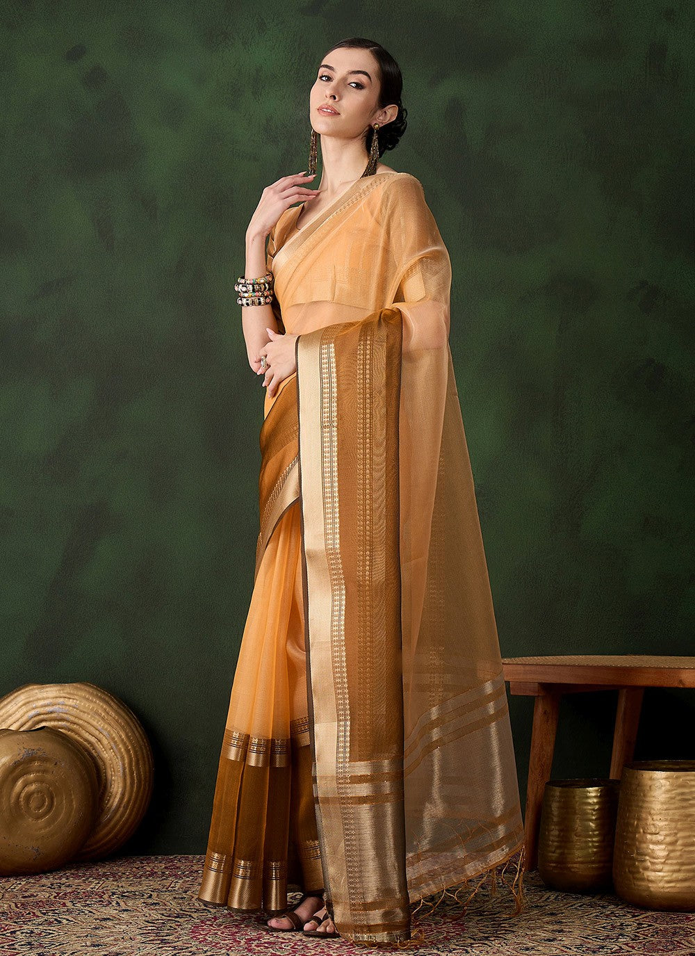 Classic Jacquard Work Khadi, Organza Wine Saree - S10824