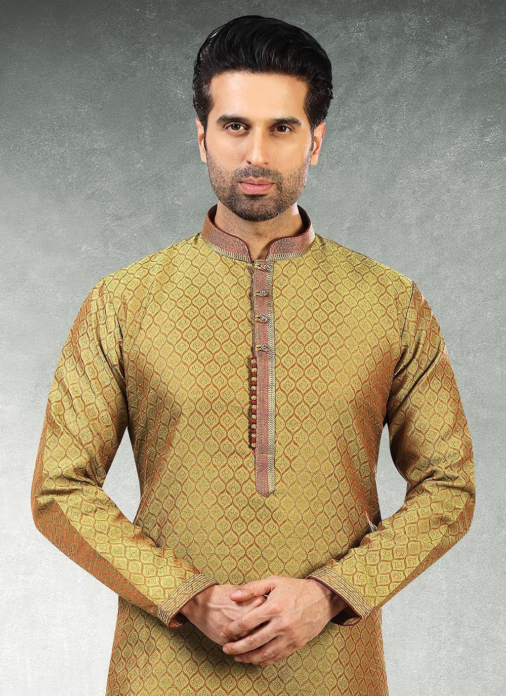 Jacquard Work Brocade, Jacquard Silk Khaki Kurta Pyjama - M2186