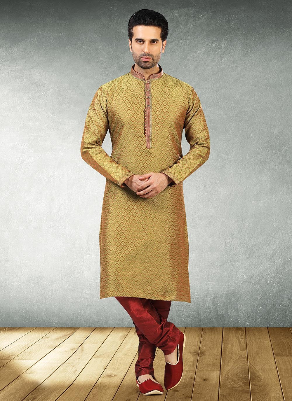 Jacquard Work Brocade, Jacquard Silk Khaki Kurta Pyjama - M2186