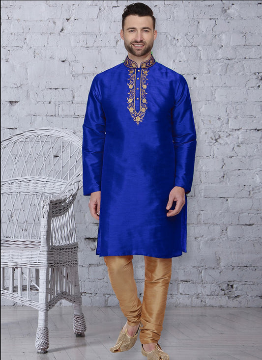 Embroidered Art Dupion Silk Blue Kurta - M1236