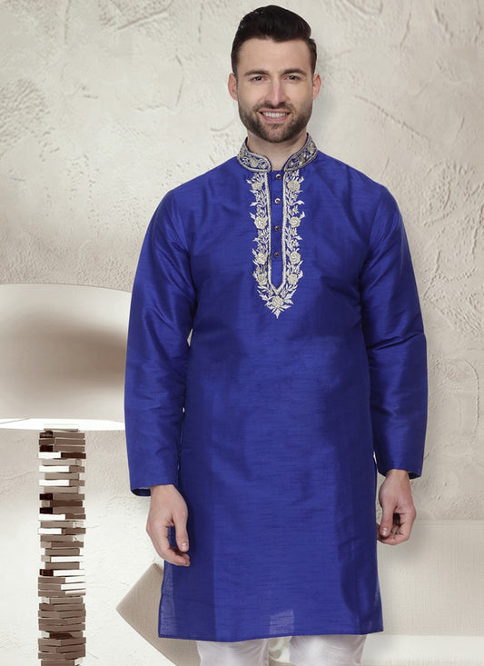 Embroidered Art Dupion Silk Blue Kurta - M1318