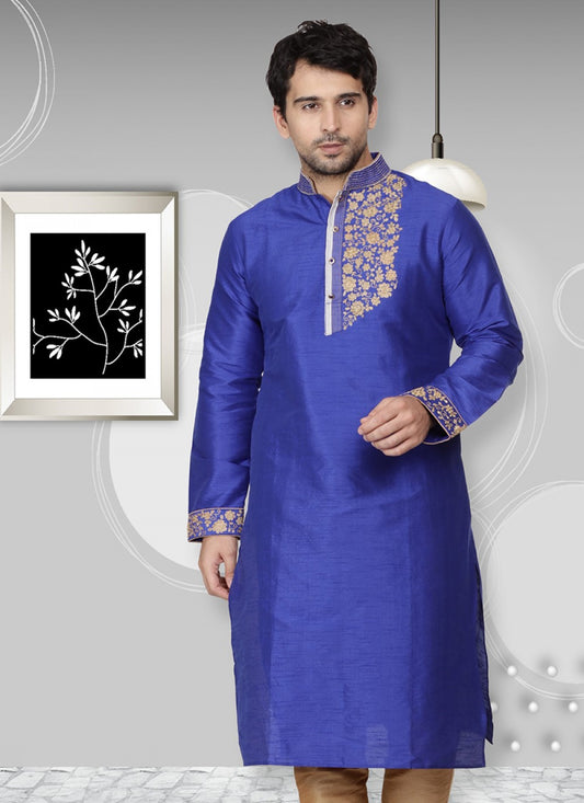 Embroidered Art Dupion Silk Blue Kurta - M1323